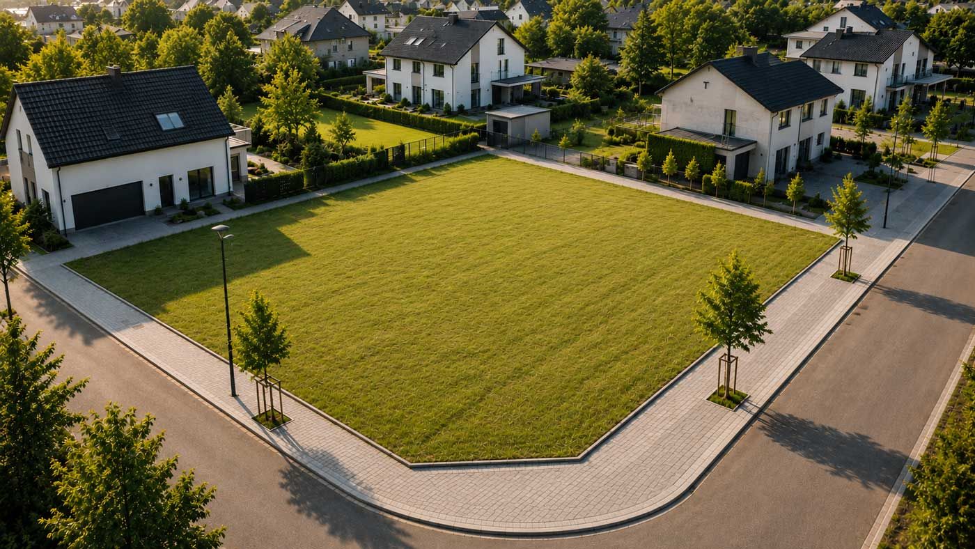 Götz Real Estate, Ruhige Vorstadtansicht im goldenen Licht
