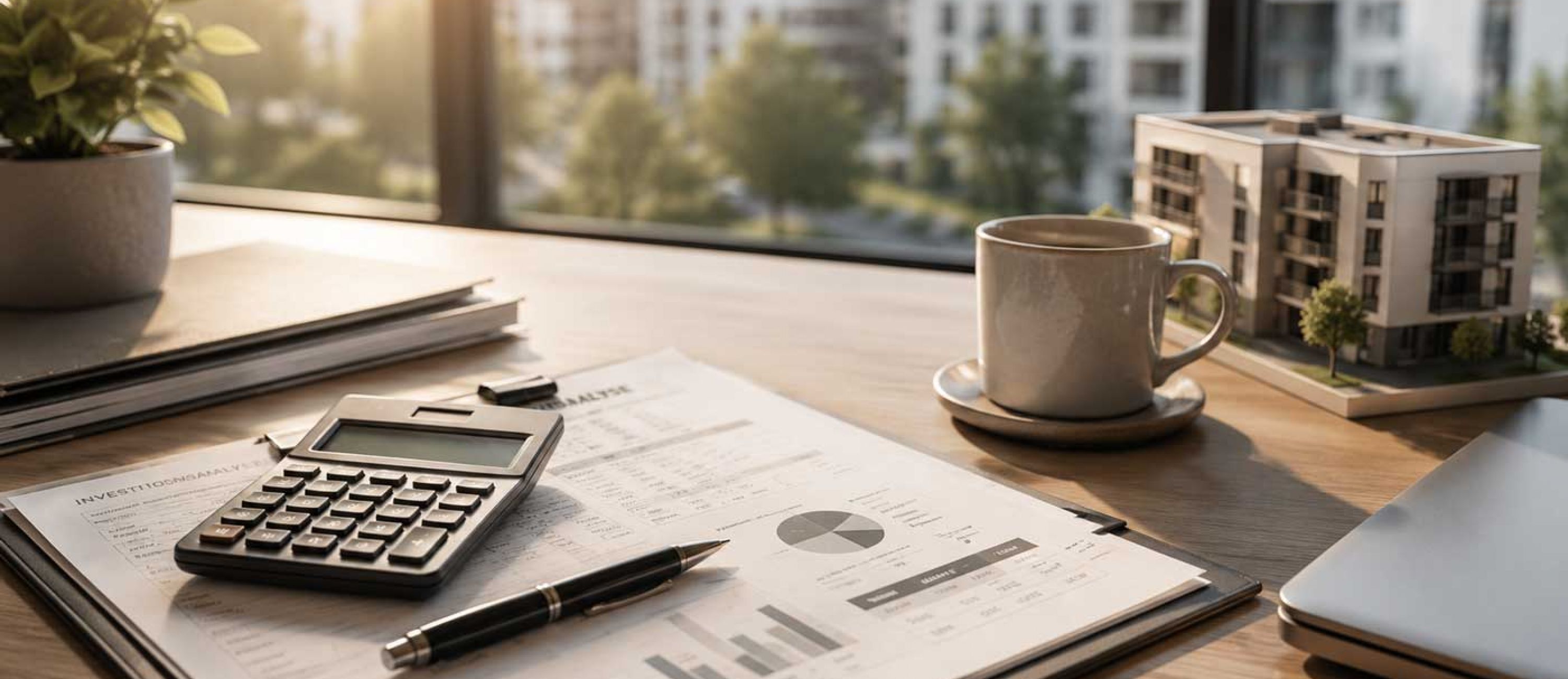 Götz Real Estate, Moderne Büroarbeitsplatz mit Finanzdokumenten