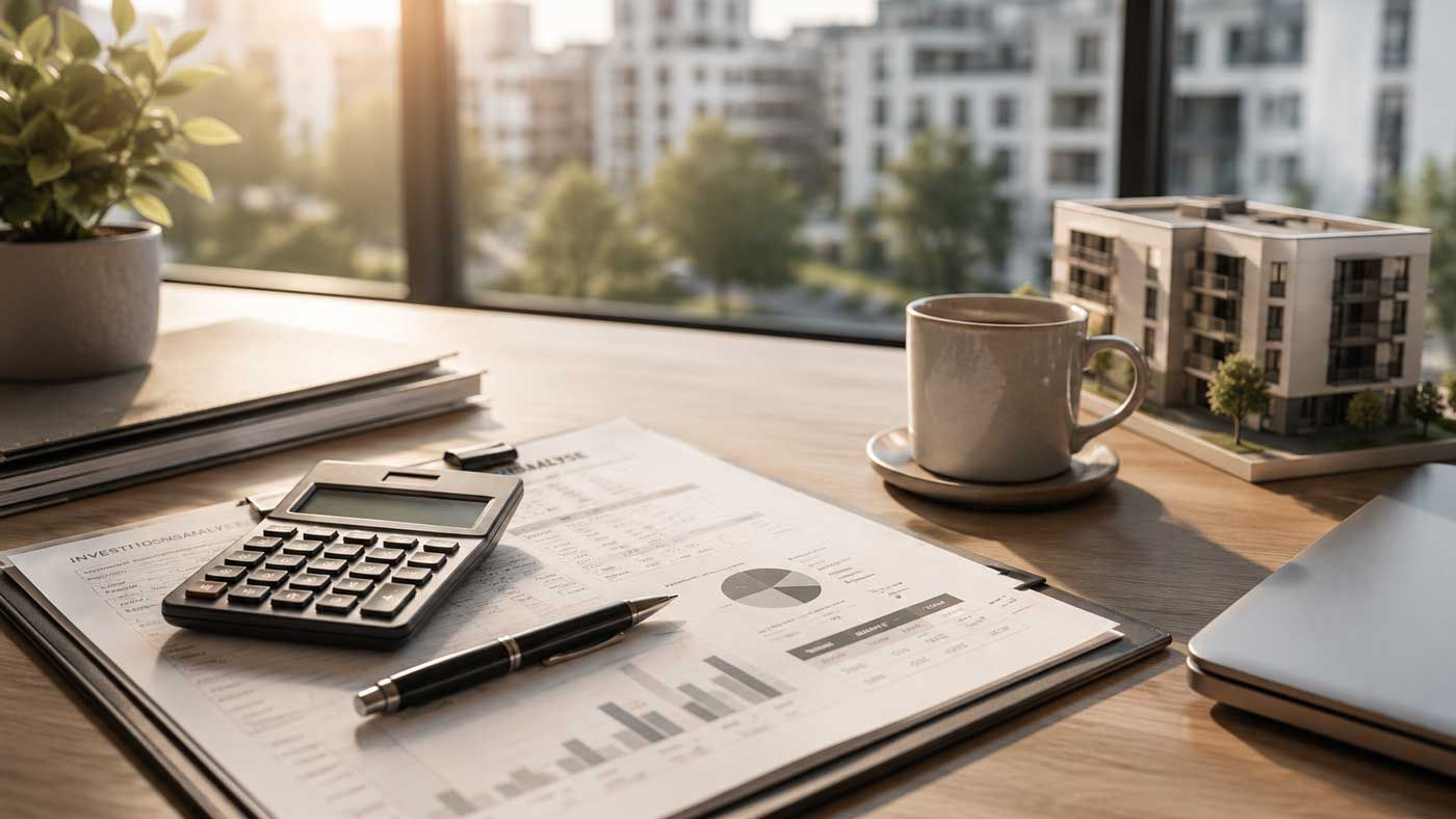 Götz Real Estate, Moderne Büroarbeitsplatz mit Finanzdokumenten