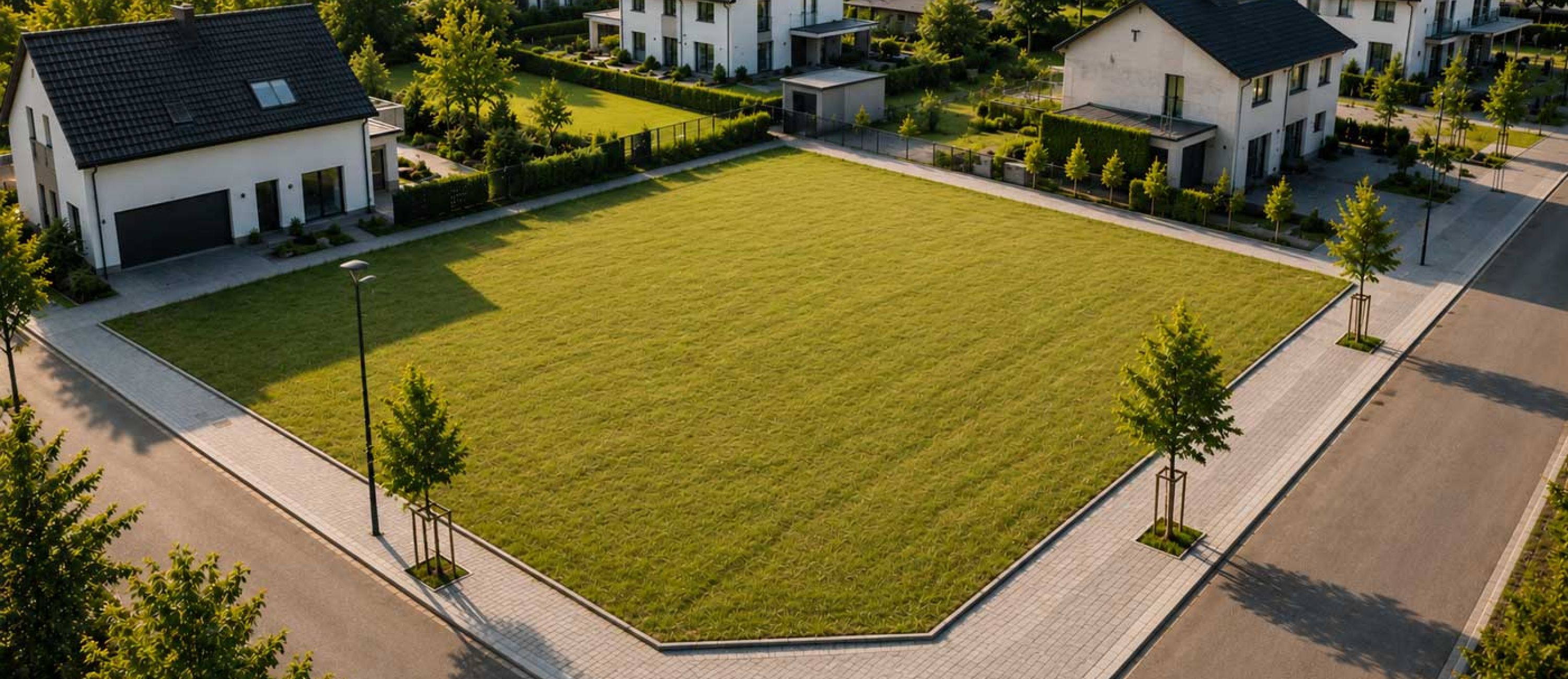 Götz Real Estate, Ruhige Vorstadtansicht im goldenen Licht