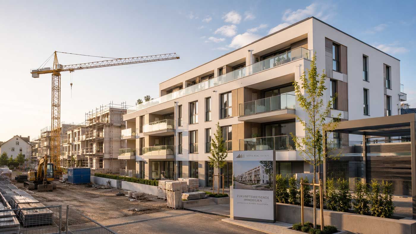 Götz Real Estate, Moderne Wohnanlage im Bau bei Sonnenuntergang